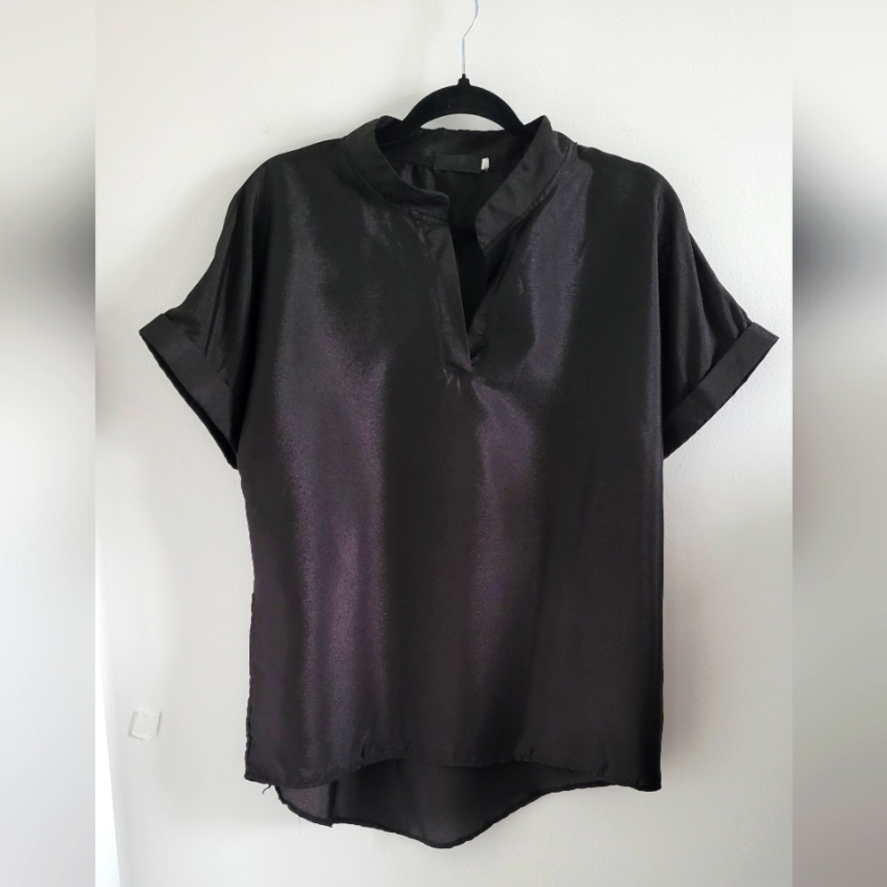 Mandarin collar silky black blouse by Vicabo